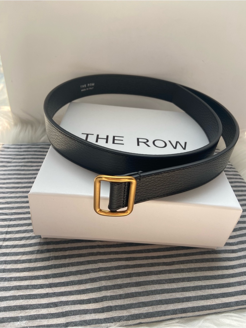 The Row Black Leather Belt with Gold Square Buckle